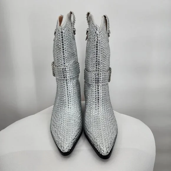 AZALEA WANG Federica Silver Crystal Shortie Western Cowgirl Boots 6-10 NWT - Picture 7 of 10